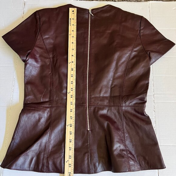 Neiman Marcus Leather Peplum Top Shirt Wmn’s Burgundy Crewneck Rear Zipper | L - Picture 7 of 9